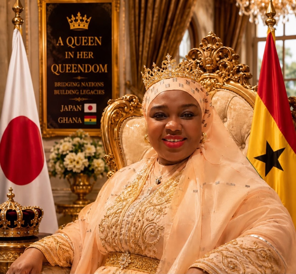 Portrait of the CEO of AKWA DIGITAL LOGISTICS AND TECHNOLOGIES GROUP LTD, seated on a ceremonial throne between the flags of Japan and Ghana
