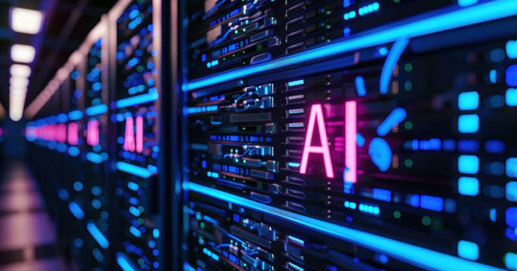 Server racks in a cutting-edge data center lit by neon blue light