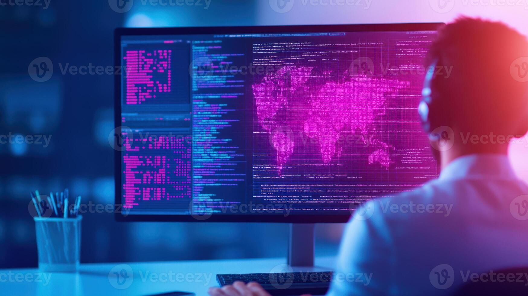 Rear view of an engineer coding at neon-colored multi-monitor screens displaying global data analytics