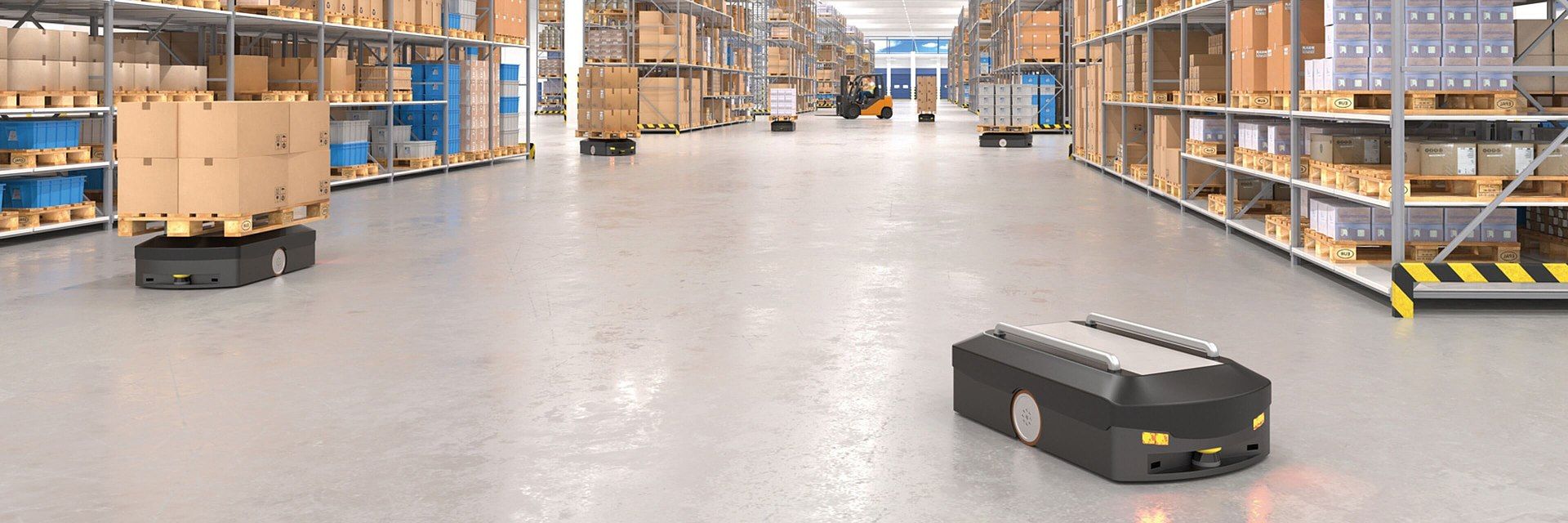 Autonomous mobile robots operating in an automated warehouse